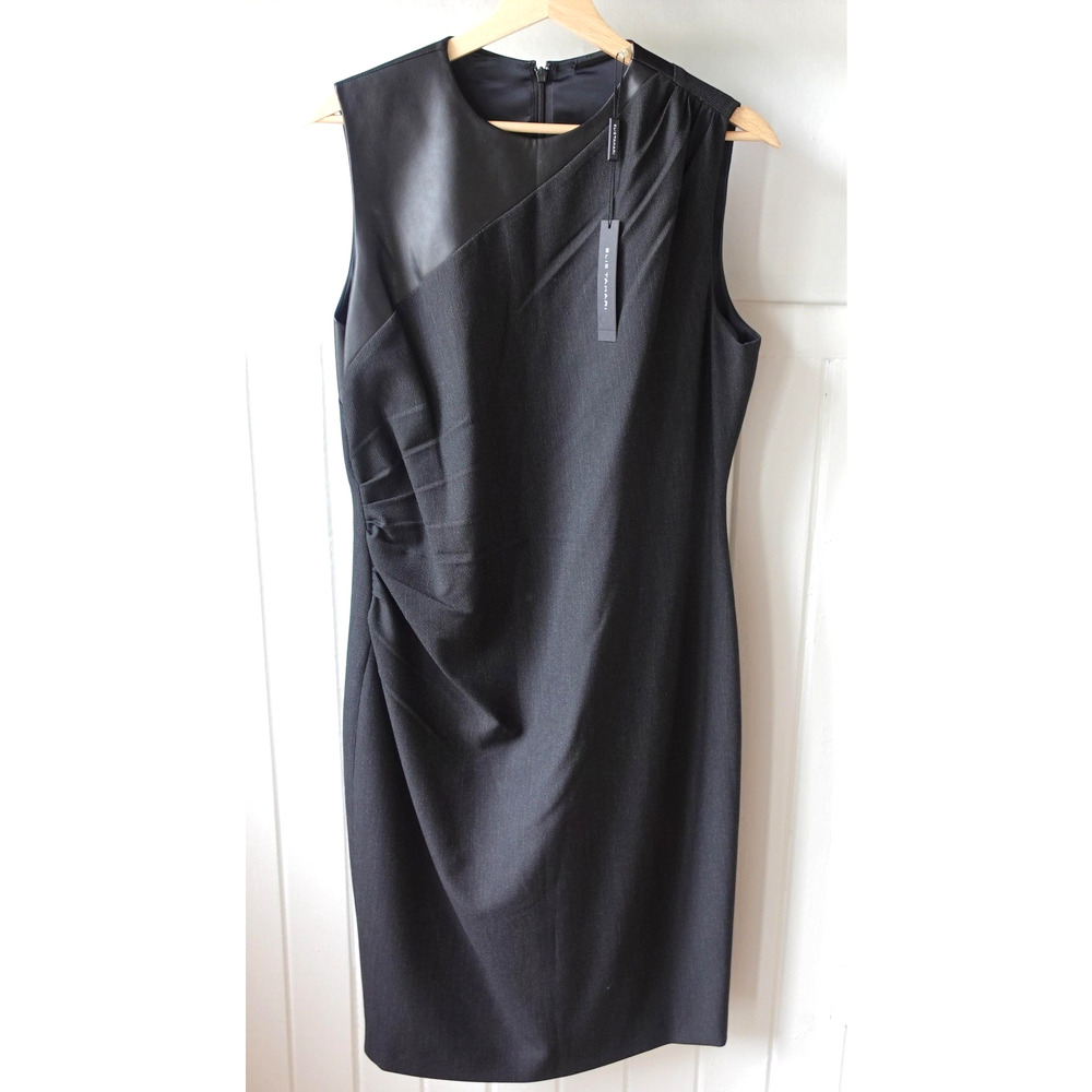 Elie Tahari Dress Womens 12 Black Raphaella Faux Leather‎ Panel Sheath Midi